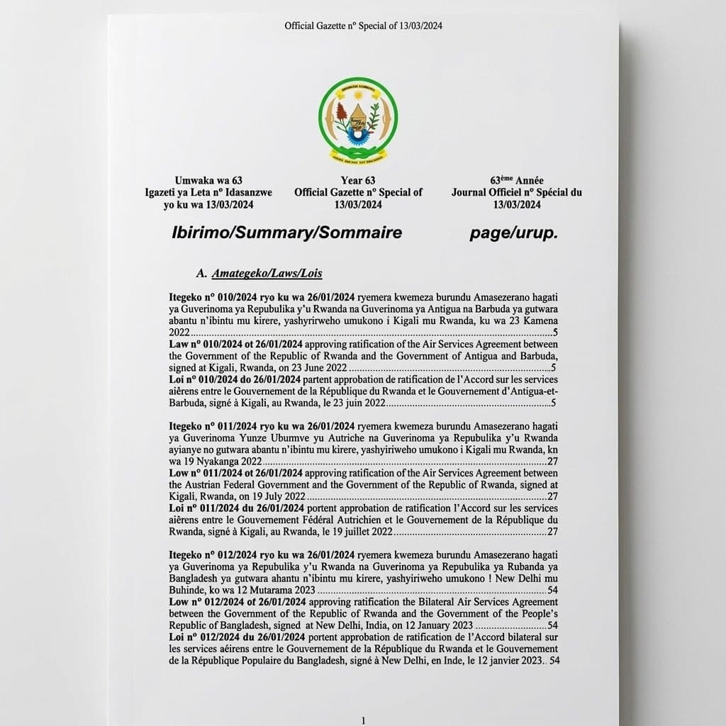 Law No. 013/2024 — Rwanda–Barbados Air Services Agreement