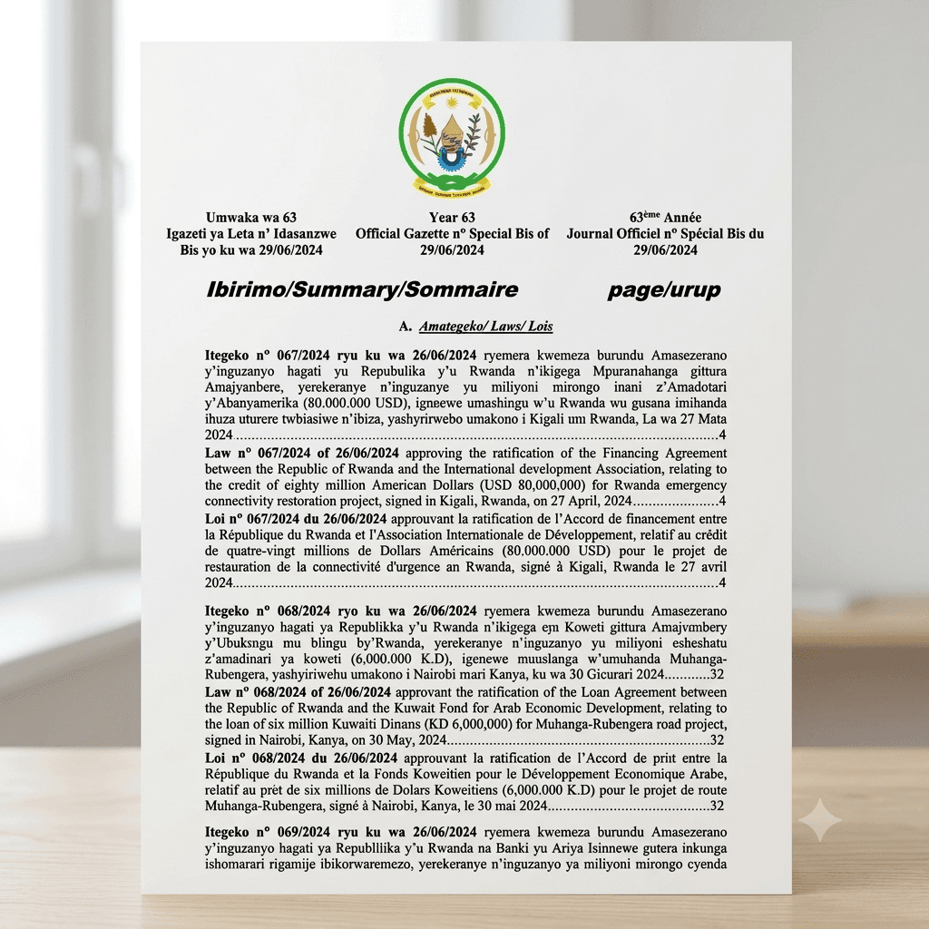 Rwanda Presidential Order No. 063/01 of 26 June 2024 Ratifying the Loan Agreement for the Muhanga–Rubengera Road Project