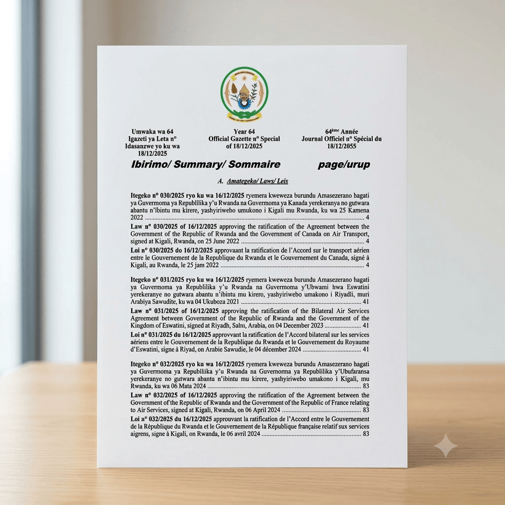 Rwanda Presidential Order No. 024/01 of 17 December 2025 Ratifying the Air Services Agreement with Georgia