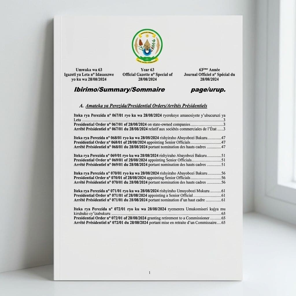 Rwanda Presidential Order No. 070/01 of 28 August 2024 Appointing Senior Officials