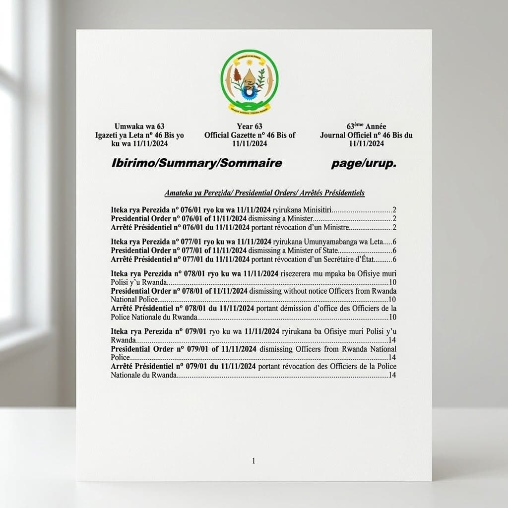 Rwanda Presidential Order No. 078/01 of 11 November 2024 Dismissing Without Notice Officers from Rwanda National Police