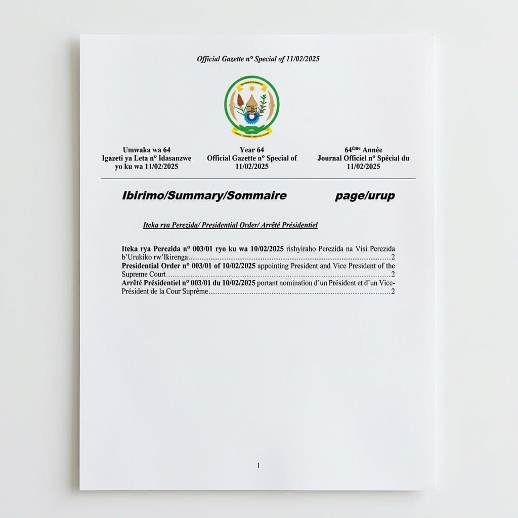 Rwanda Presidential Order No. 003/01 of 10 February 2025 Appointing President and Vice President of the Supreme Court