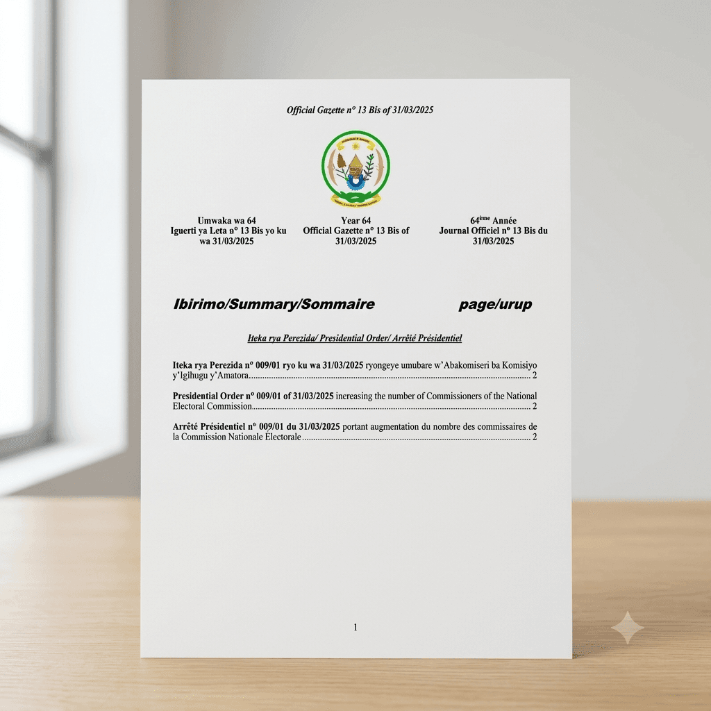 Rwanda Presidential Order No. 009/01 of 31 March 2025 Increasing the Number of Commissioners of the National Electoral Commission