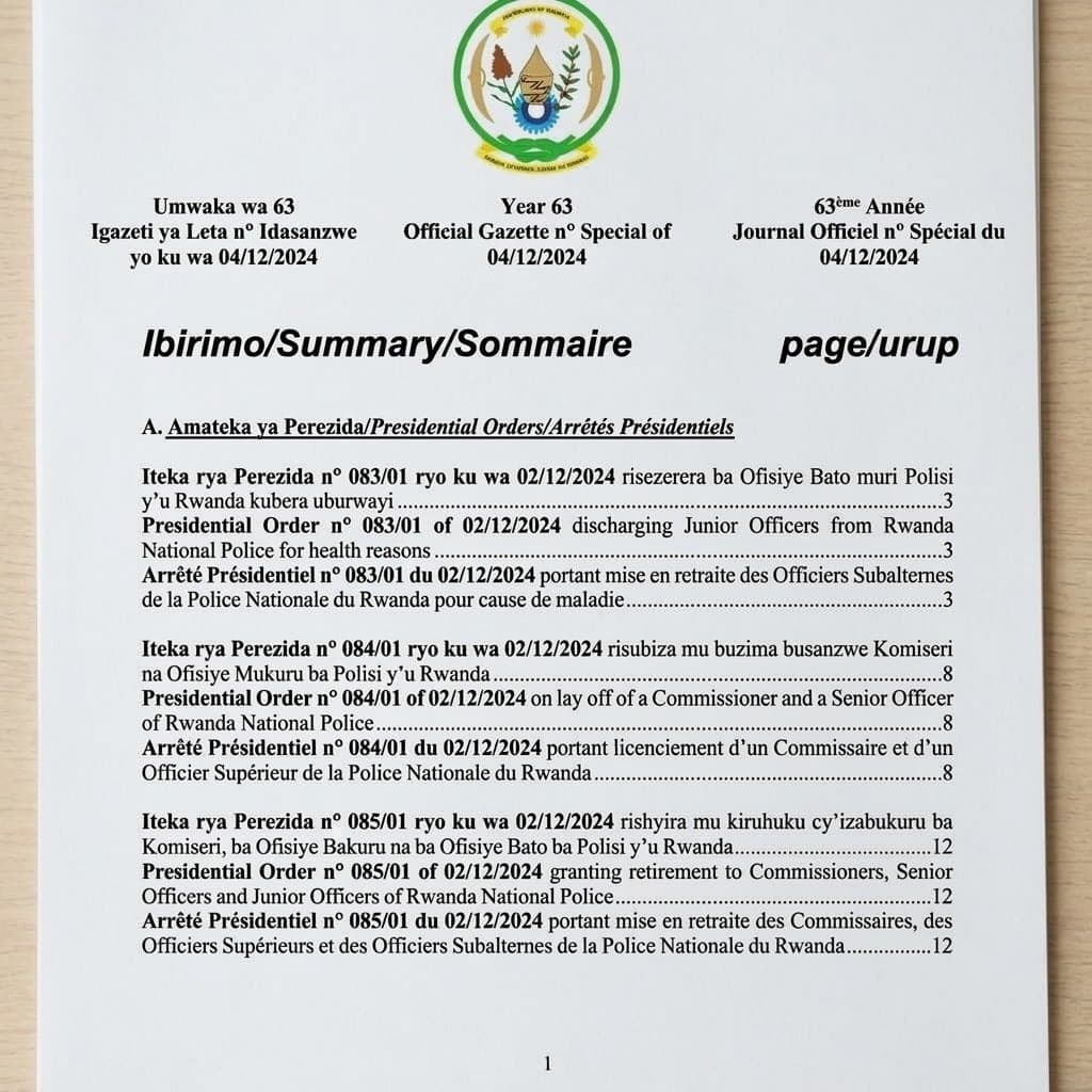 Rwanda Presidential Order No. 083/01 of 2 December 2024 Discharging Junior Police Officers for Health Reasons