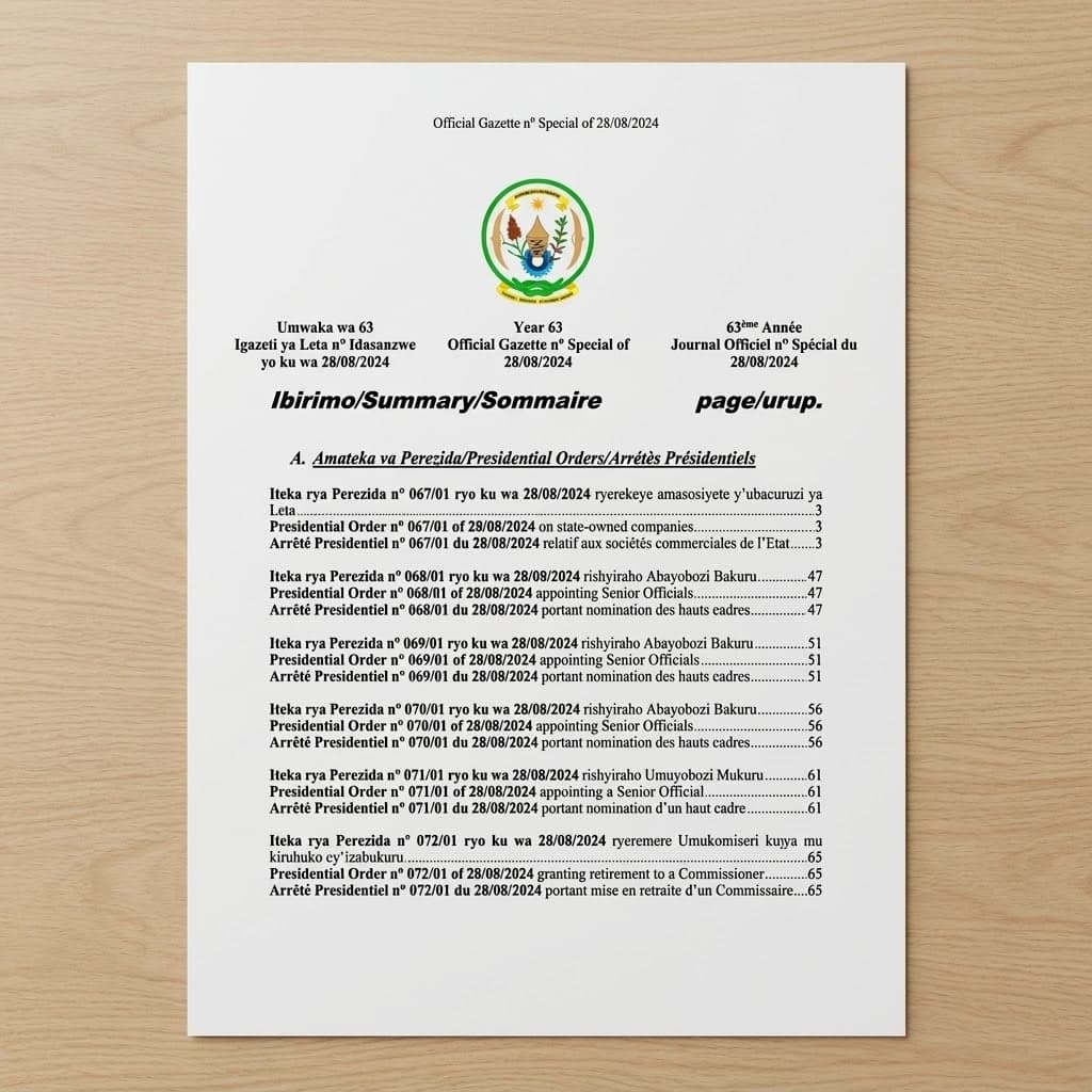 Rwanda Presidential Order No. 068/01 of 28 August 2024 Appointing Senior Officials