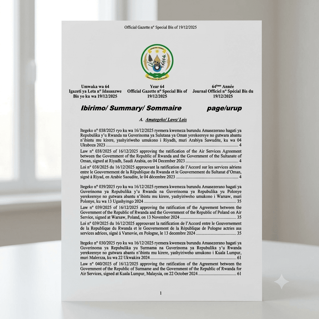 Law No. 039/2025 Approving Rwanda–Poland Air Services Agreement