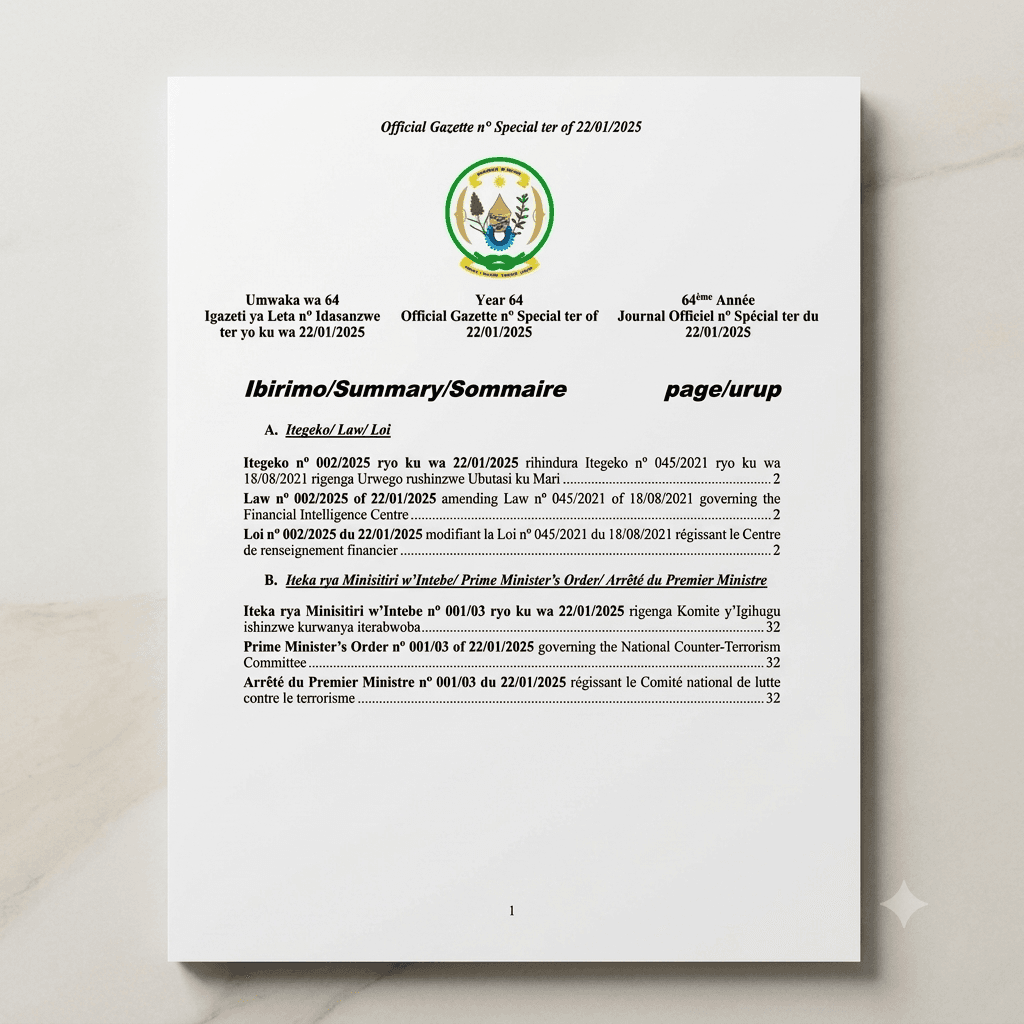 Rwanda Law No. 002/2025 of 22 January 2025 Amending the Law Governing the Financial Intelligence Centre