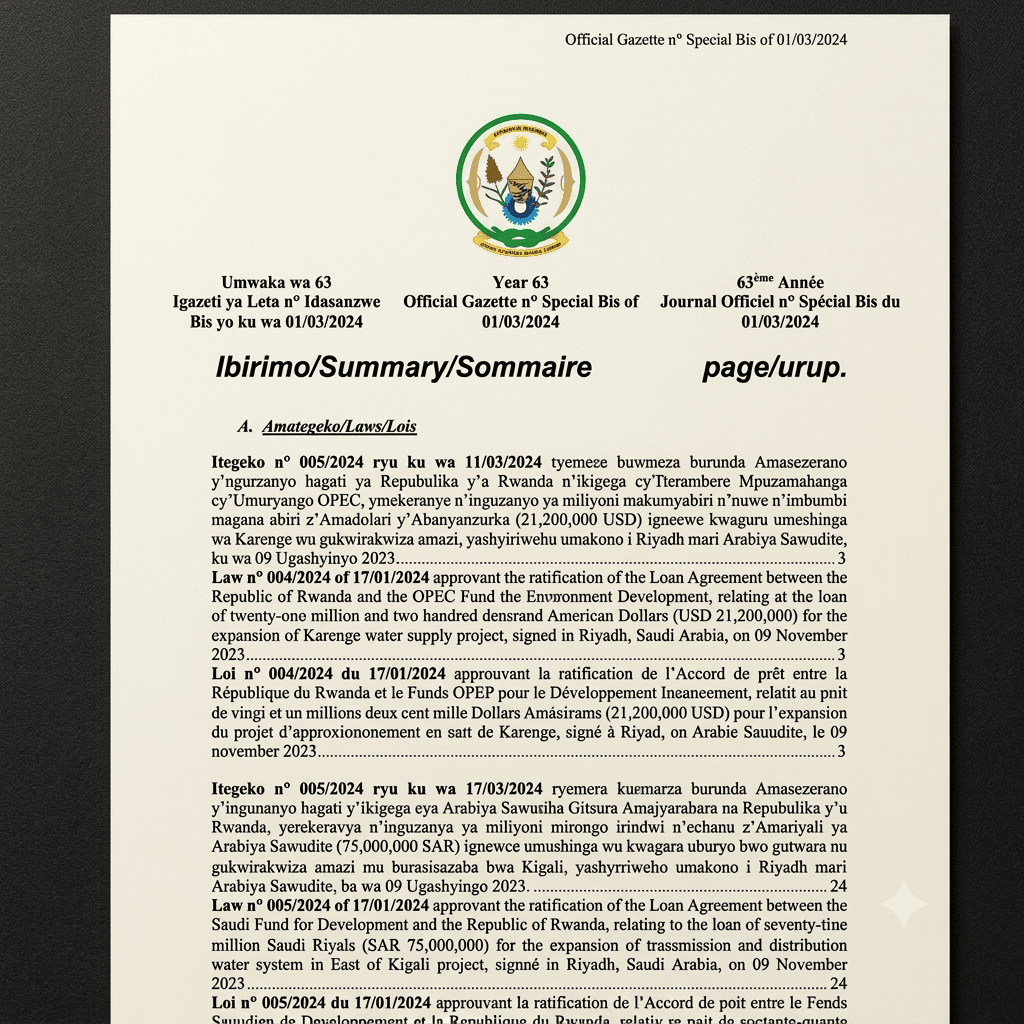 Rwanda Presidential Order No. 004/01 of 22 January 2024 Ratifying the Loan Agreement for the Expansion of the Water Transmission and Distribution System in East Kigali
