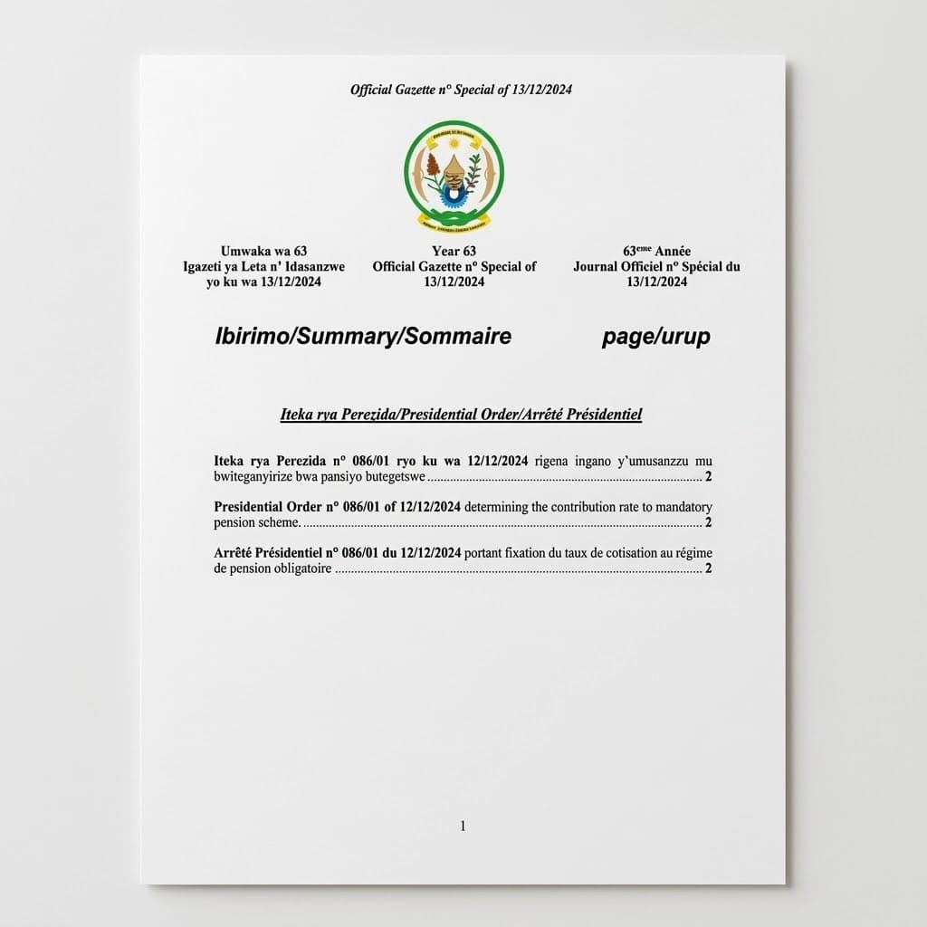 Rwanda Presidential Order No. 086/01 of 12 December 2024 Determining the Contribution Rate to Mandatory Pension Scheme