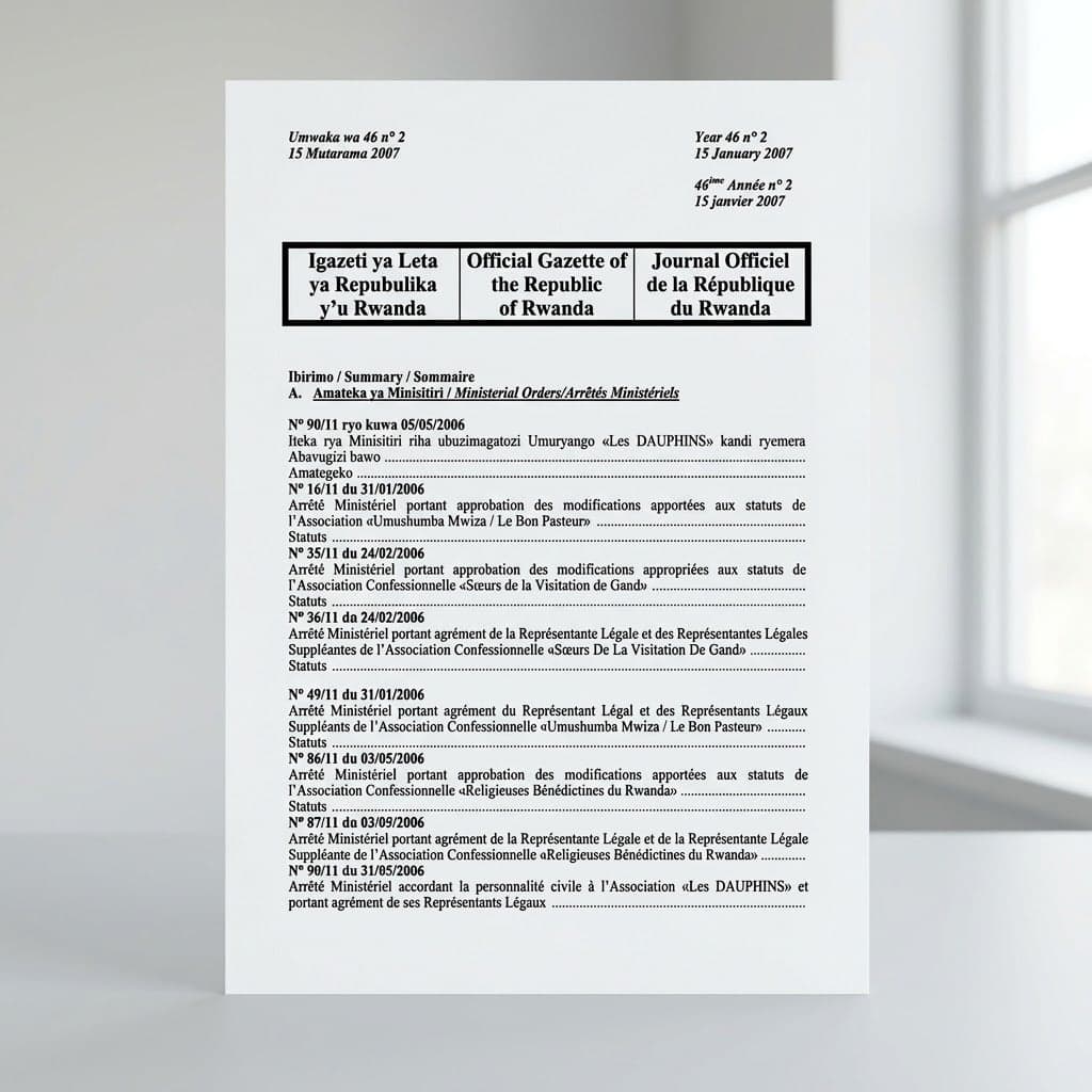 Ministerial Order No. 150/05 Granting Legal Personality to Umushumba Mwiza / Le Bon-Pasteur