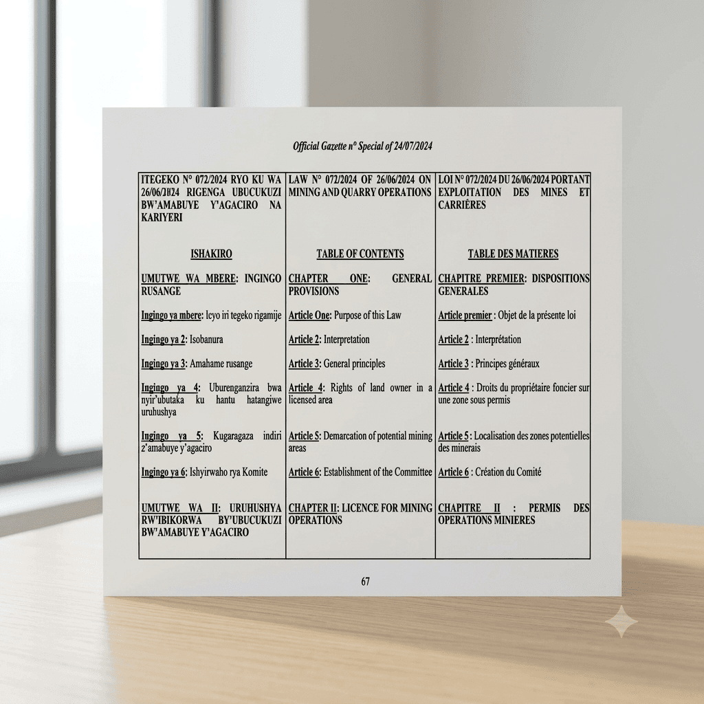 Rwanda Law No. 072/2024 of 26 June 2024 on Mining and Quarry Operations