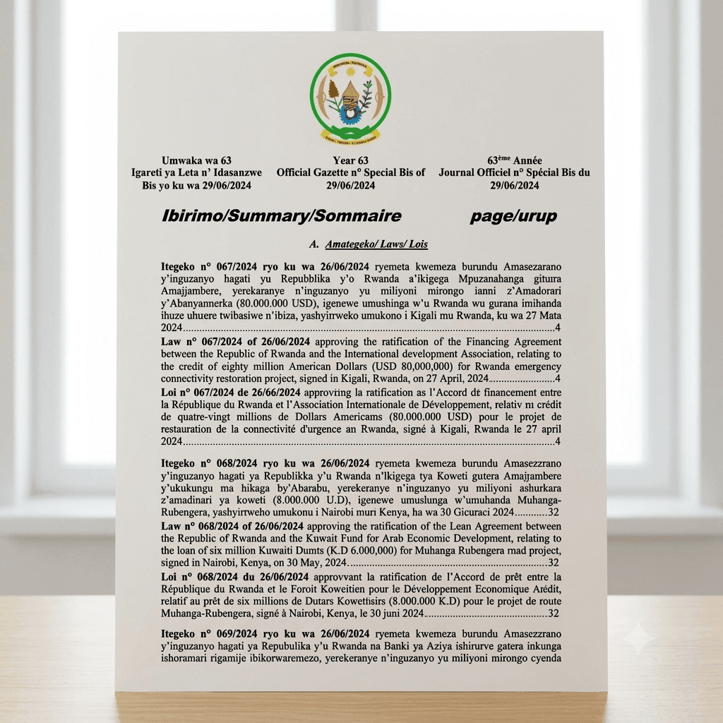 Rwanda Presidential Order No. 064/01 of 26 June 2024 Ratifying the Loan Agreement for the Accelerating Sustainable and Clean Energy Access Transformation Project