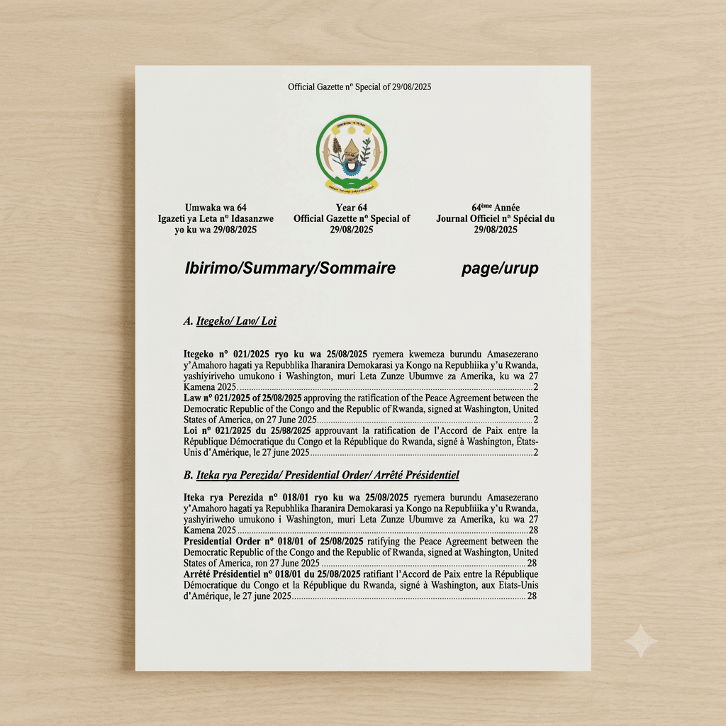 Rwanda Presidential Order No. 018/01 of 25 August 2025 Ratifying the Peace Agreement between the Democratic Republic of the Congo and Rwanda