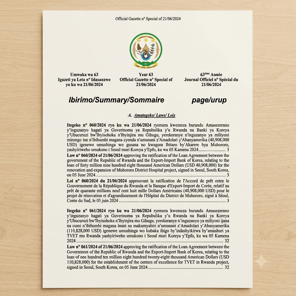 Rwanda Law No. 060/2024 of 21 June 2024 Approving Ratification of the Loan Agreement for the Renovation and Expansion of Muhororo District Hospital