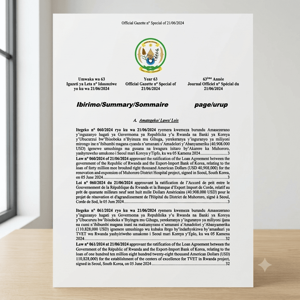 Rwanda Law No. 061/2024 of 21 June 2024 Approving Ratification of the Loan Agreement for the Establishment of Centers of Excellence for TVET in Rwanda Project