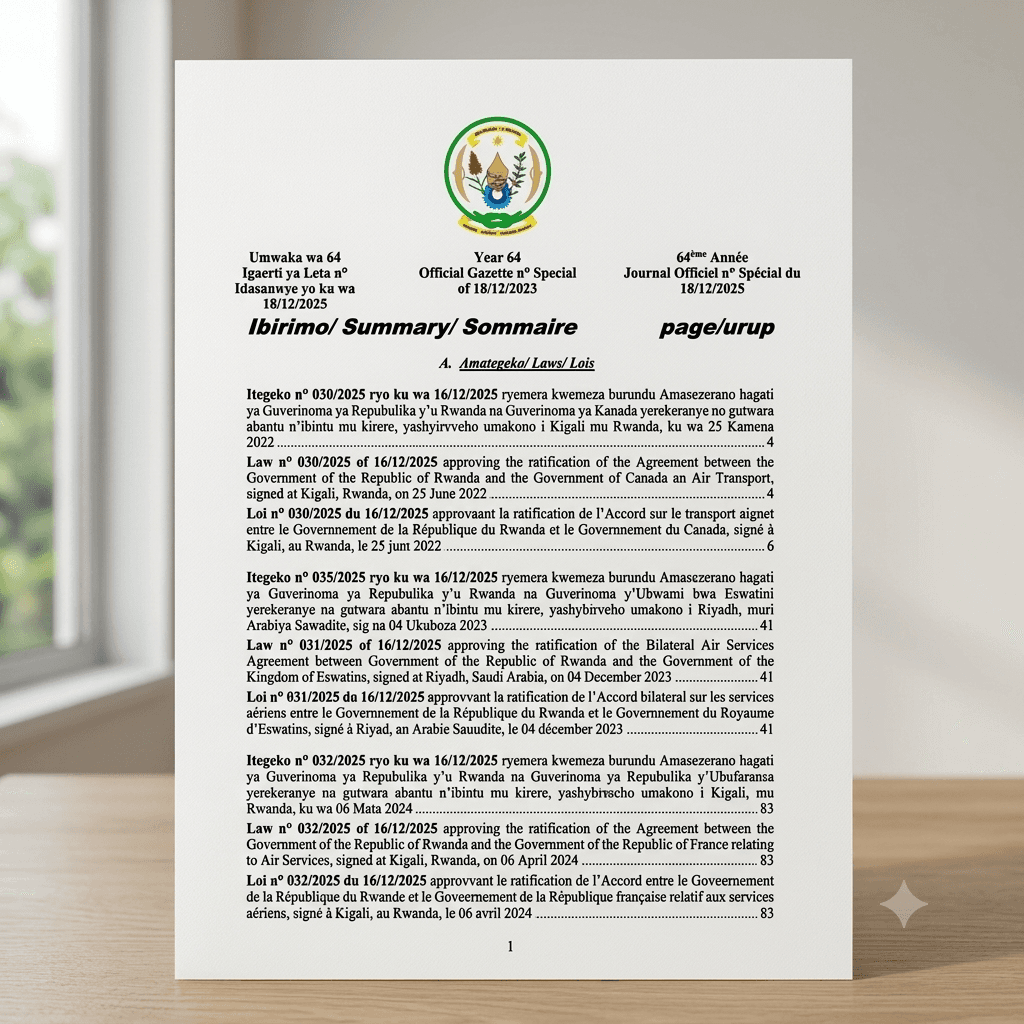 Law No. 033/2025 Approving Rwanda–Georgia Air Services Agreement