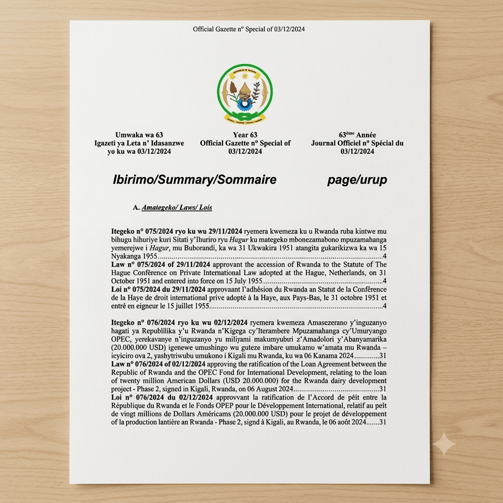 Rwanda Law No. 076/2024 of 2 December 2024 Approving Ratification of the Loan Agreement for the Rwanda Dairy Development Project – Phase 2