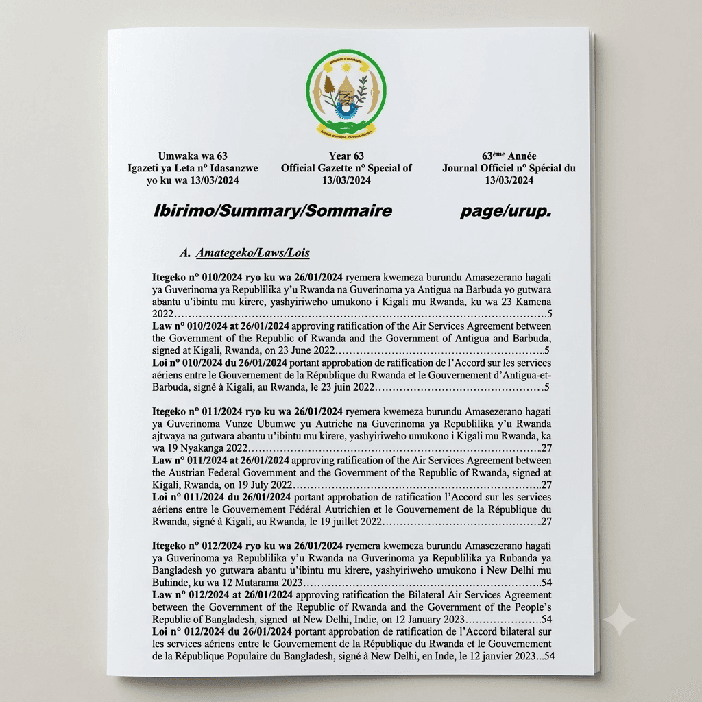 Rwanda Presidential Order No. 010/01 of 26 January 2024 Ratifying the Bilateral Agreement on Air Services between Cuba and Rwanda