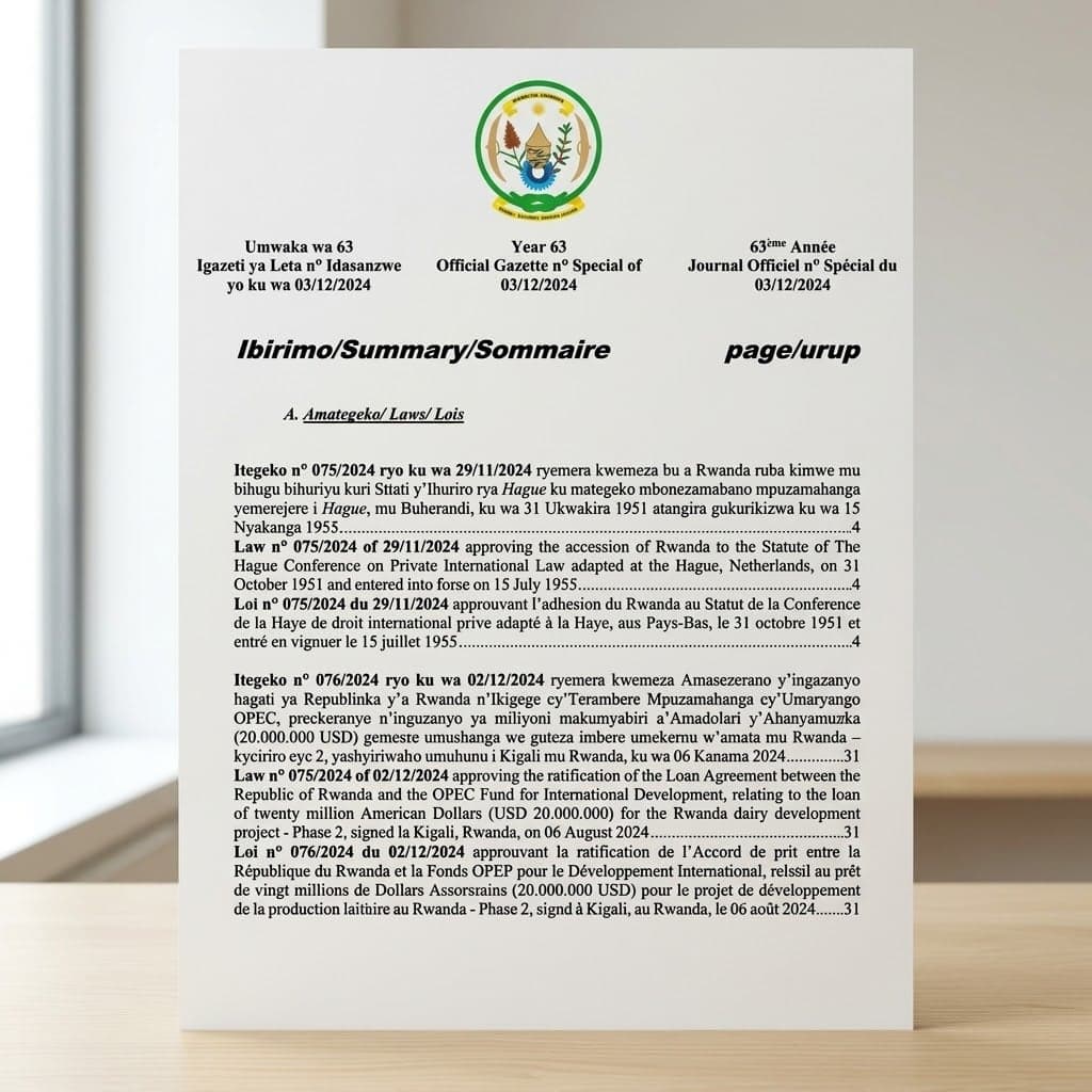 Rwanda Presidential Order No. 082/01 of 2 December 2024 Ratifying Financing Agreement for Priority Skills and Youth Empowerment