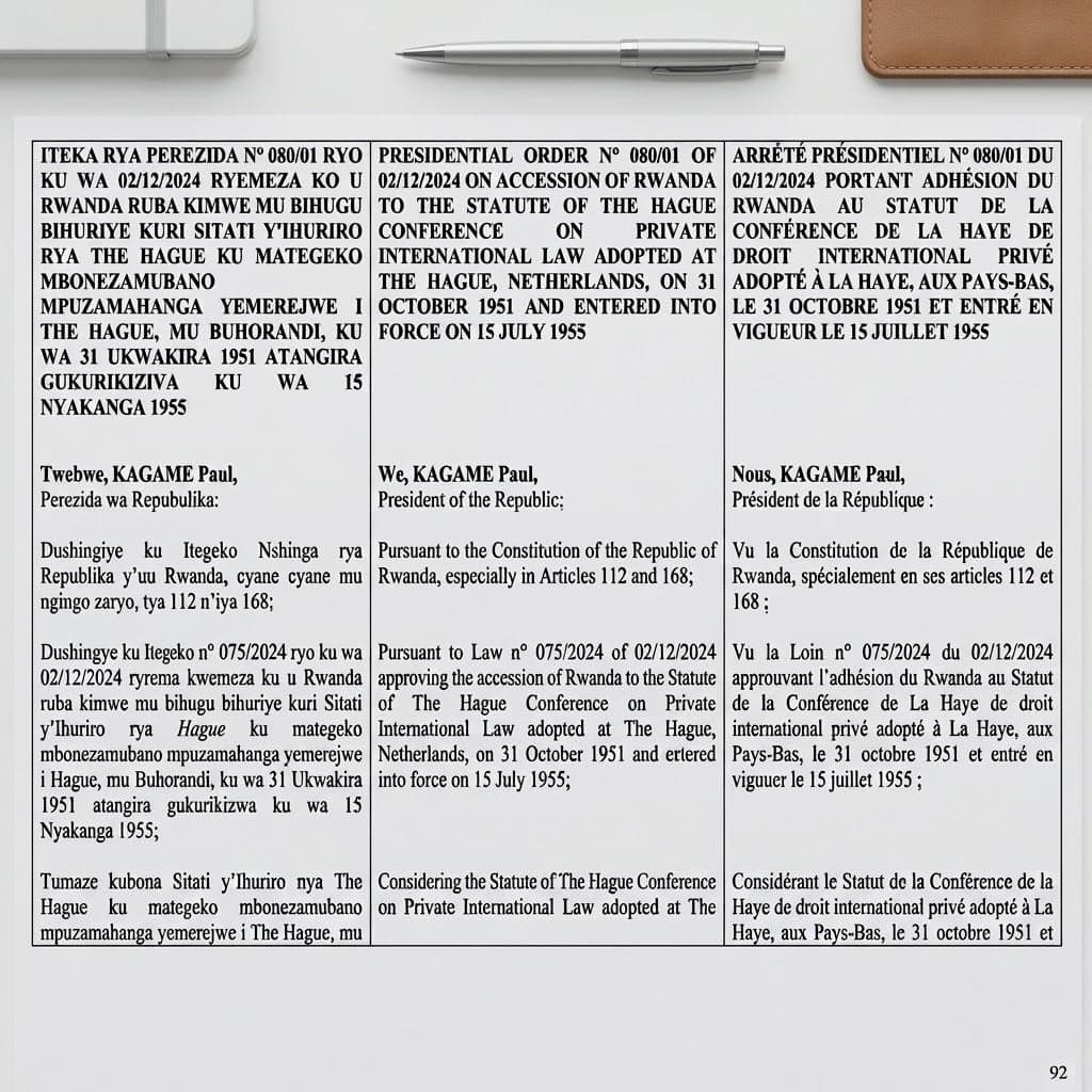 Rwanda Presidential Order No. 080/01 of 2 December 2024 on Accession to the Hague Conference Statute