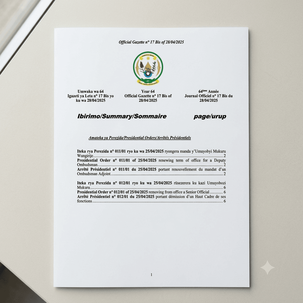 Rwanda Presidential Order No. 012/01 of 25 April 2025 Removing a Senior Official from Office