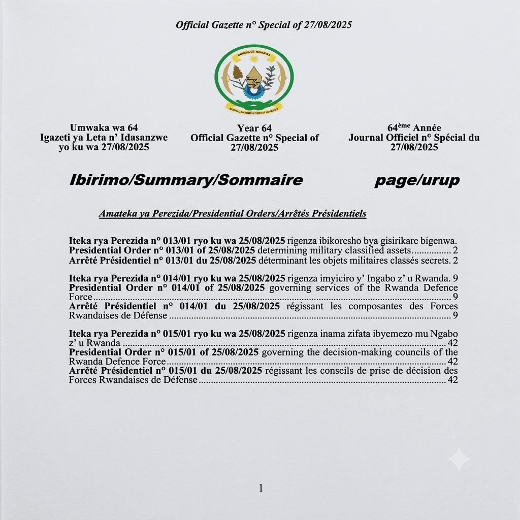 Rwanda Presidential Order No. 014/01 of 25 August 2025 Governing Services of the Rwanda Defence Force