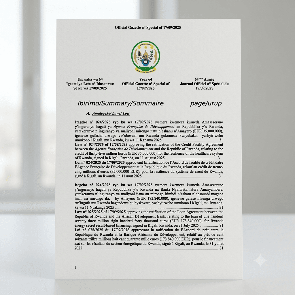 Rwanda Presidential Order No. 019/01 of 17 September 2025 Ratifying a Credit Facility for Healthcare System Resilience