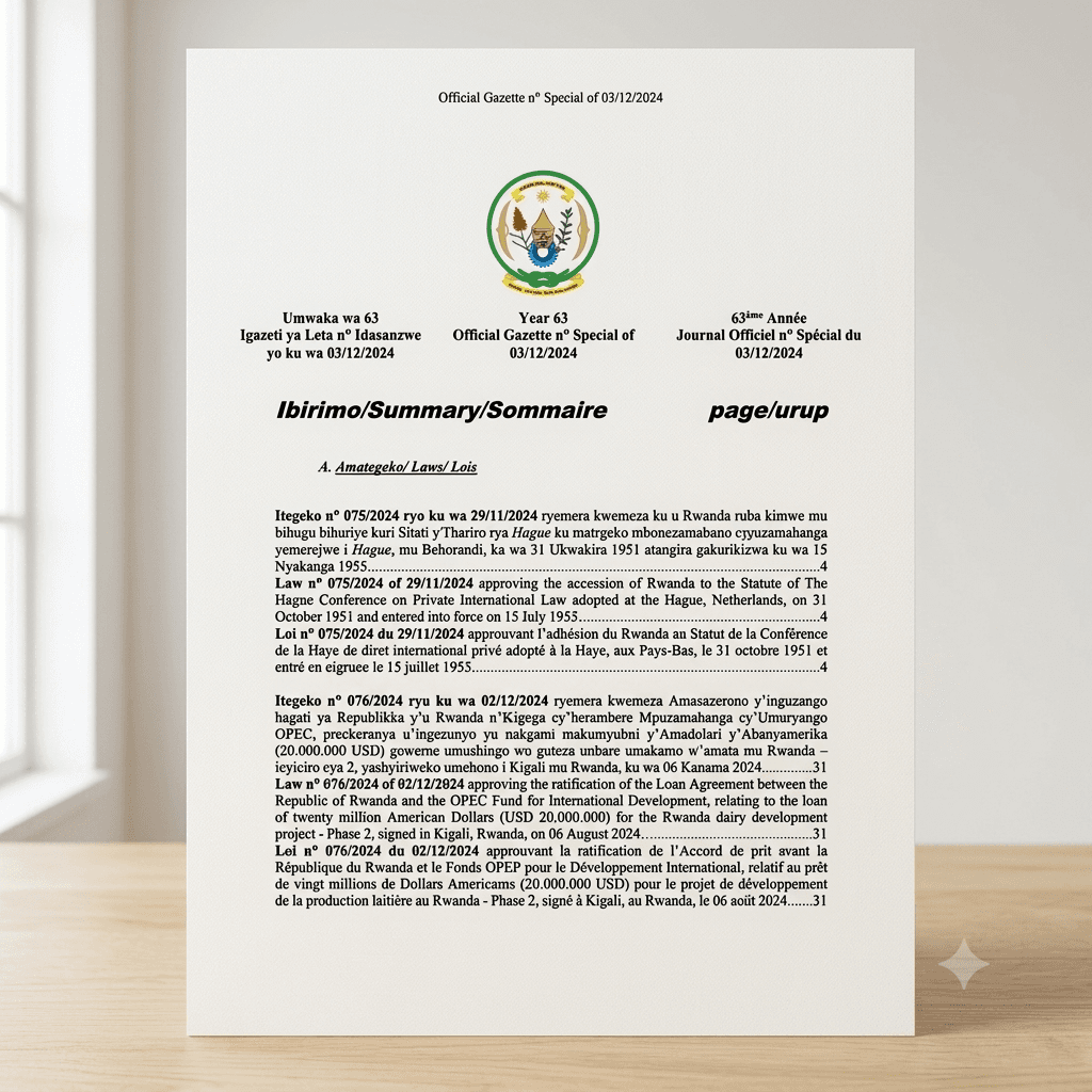 Rwanda Law No. 075/2024 of 29 November 2024 Approving Rwanda’s Accession to the Statute of the Hague Conference on Private International Law