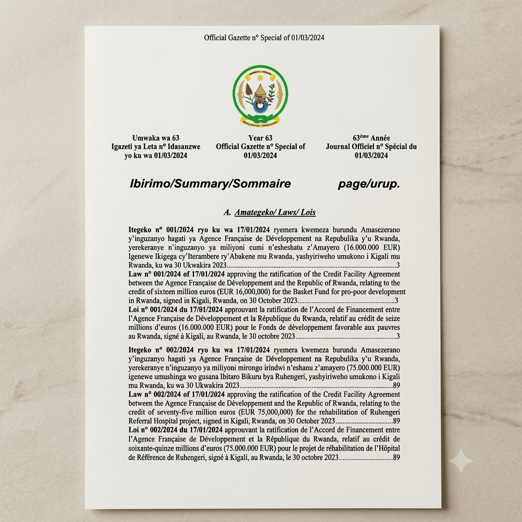 Rwanda Presidential Order No. 001/01 of 22 January 2024 Ratifying the Credit Facility Agreement for the Basket Fund for Pro-Poor Development in Rwanda