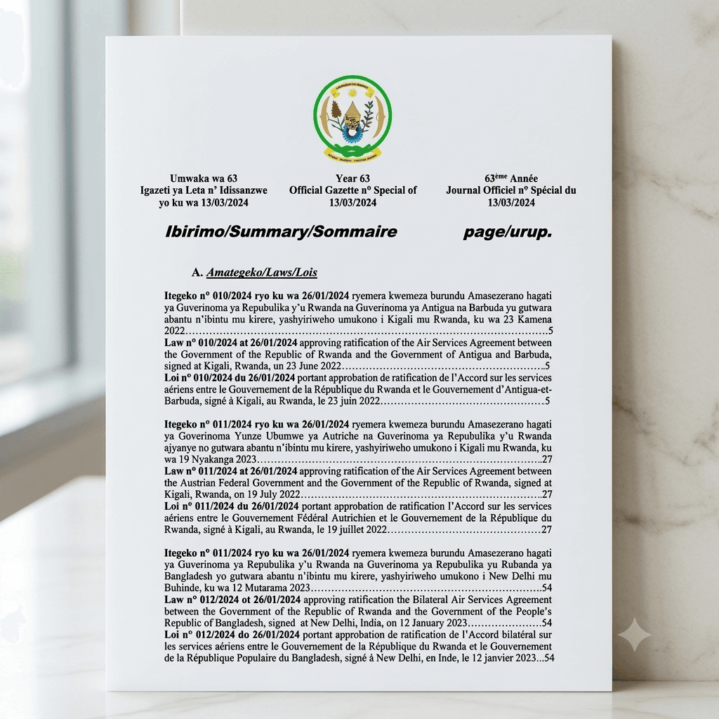 Rwanda Presidential Order No. 011/01 of 26 January 2024 Ratifying the Air Transport Agreement between Rwanda and the Czech Republic