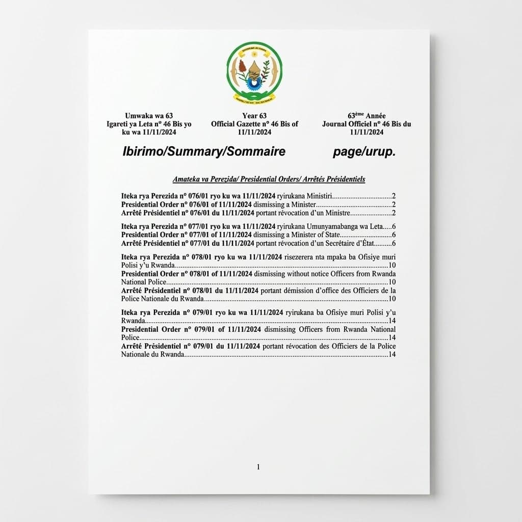 Rwanda Presidential Order No. 077/01 of 11 November 2024 Dismissing a Minister of State