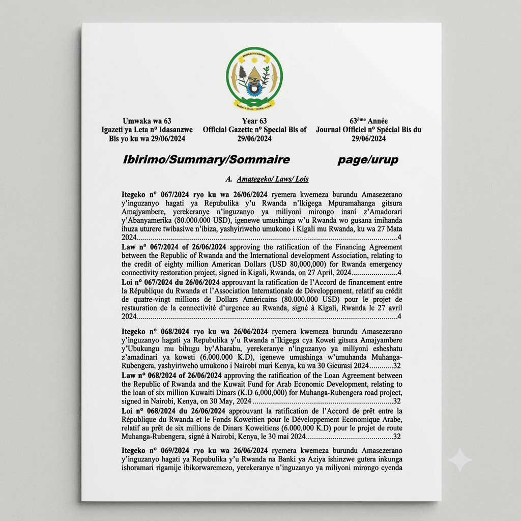 Rwanda Presidential Order No. 065/01 of 26 June 2024 Ratifying the Financing Agreement for the Rwanda Health Emergency Preparedness, Response and Resilience Project