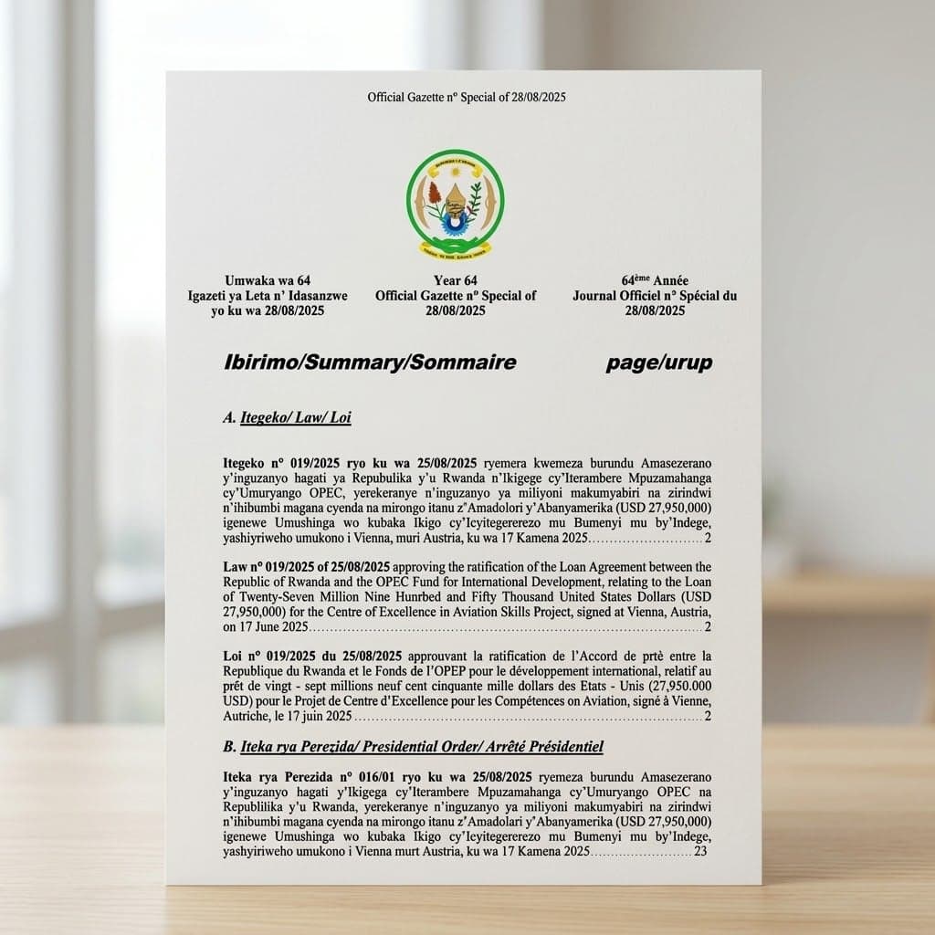 Law No. 019/2025 — OPEC Fund Loan for Center of Excellence in Aviation Skills