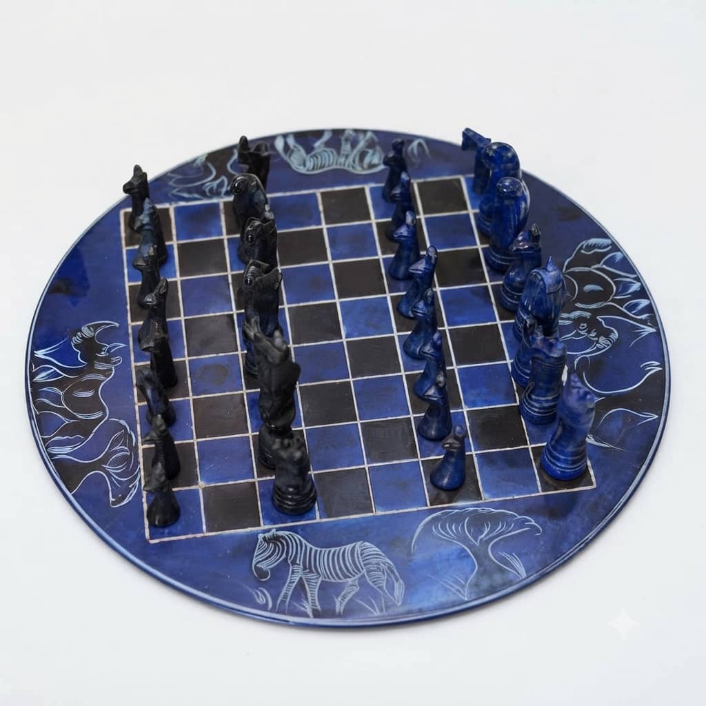 Indigo Hand-Etched Soapstone Chess Set