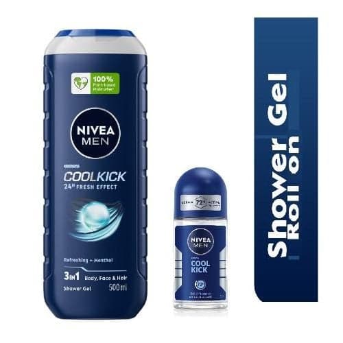 NIVEA Cool Kick Shower Gel For Men 500ml + Cool Kick Roll-on 50ml