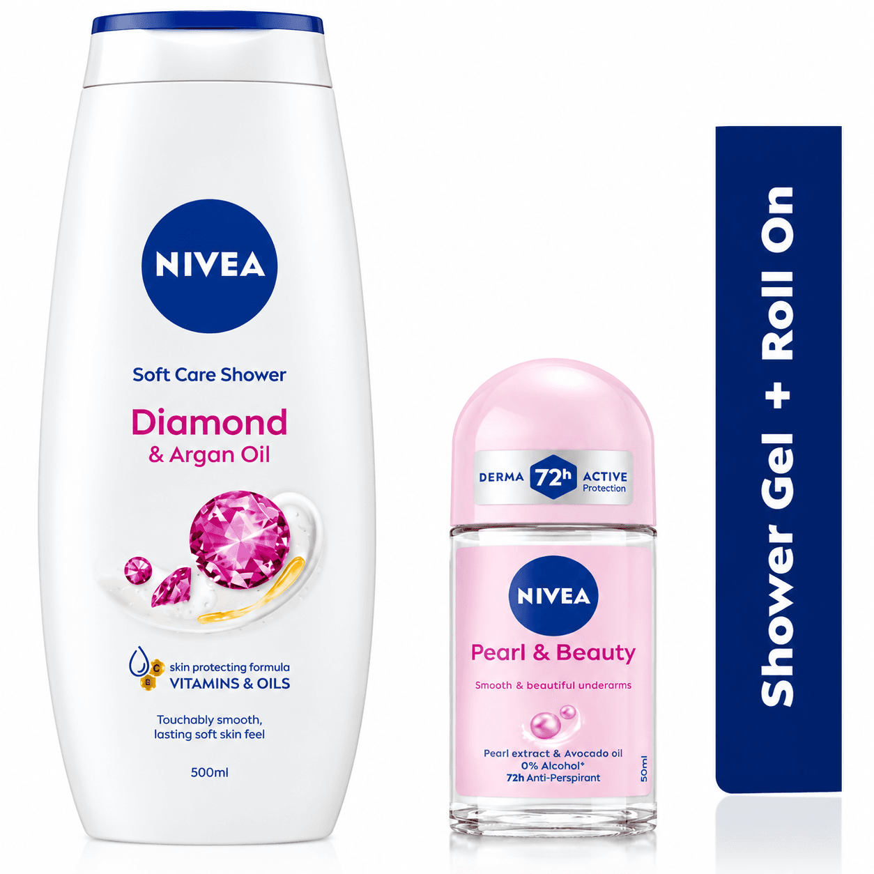 NIVEA Diamond & Argan Oil Shower Gel for Women 500ml + Pearl & Beauty Roll-on 50ml