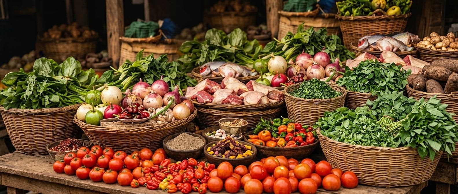 A traditional African market table loaded with fresh vegetables, leaves, meat, fish, onions, peppers and tomatoes